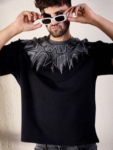 Men's Black Short Sleeve T-<b>Shirt</b> With Embroidered Rhinestone <b>Flame</b> Pattern O-Neck Street Style Regular Fit Knitted Cotton Top - Product Image 1