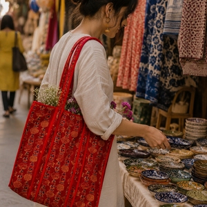 Block Printed Handmade Red Panelled Nonwoven Pure Cotton Bohemian Style Eco-friendly Tote <b>Bag</b> Zipper Closure <b>Beach</b> Summer - Product Image 2