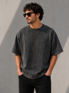 Camiseta Personalizada Vintage para Hombre, Cuello Redondo, Talla Grande, Color Sólido, Lavado Ácido, Teñido en Prenda, 100% Algodón, Estilo Casual Urbano, Verano - Product Image 1