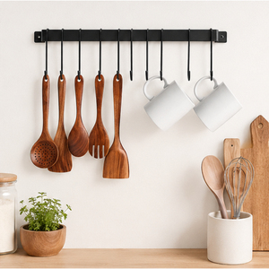 Wall Mounted Kitchen Utensil Rack with S-<b>Hooks</b> <b>Black</b> Iron Hanging Rail for Pots Pans & Spatulas Kitchenware Storage Organizer - Product Image 6