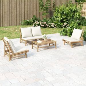 Ensemble de salon de jardin blanc crème en bambou naturel et polyester, canapés de jardin élégants - Product Image 1