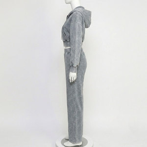 Ensemble de survêtements en molleton à capuche délavé pour femme, 2 pièces, gris uni, décontracté, manches longues, coupe ample, toutes saisons - Product Image 2