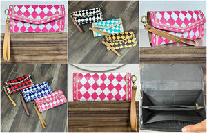 Nouvelle pochette à main en cuir à carreaux rose et blanc de style vintage pour femmes, en cuir véritable, porte-cartes et porte-monnaie, bracelet de poignet - Product Image 3