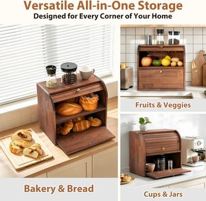 <b>Large</b> 2 Layer Wooden <b>Bread</b> Box Roll Top <b>Bread</b> Storage <b>Bin</b> Natural Bamboo Wood Food Organizer For Kitchen Counter Wholesale - Product Image 5