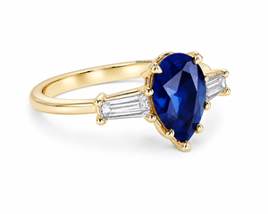 Bague de fiançailles et de mariage de luxe à trois pierres, sertie de pierres précieuses bleues taille poire, monture griffe, plaqué rhodium, or 10K 14K 18K, argent 925 935 - Product Image 2