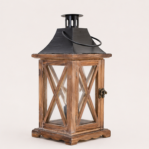 Venta al por mayor de fábrica: Farol de madera vintage con tapa metálica, portavelas decorativo para centro de mesa de boda estilo rústico, para exteriores. - Product Image 5