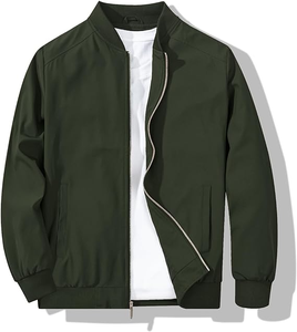 Birlag Sports <b>Men's</b> Green <b>Canvas</b> Bomber <b>Jacket</b> Stand Collar Zipper Front Windproof Casual Autumn 100% Cotton Solid Color Regular - Product Image 1