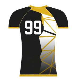 Maillot de compression athlétique à manches courtes noir, doré, jaune et blanc, col ras du cou, motif géométrique, pour entraînement de performance et sports de rame - Product Image 2