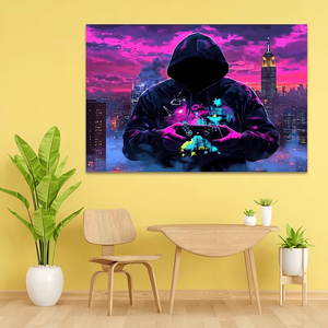 Tappeto Fluorescente Piatto 2D con Stampa di Controller da Gioco e Uomo Misterioso, Non in Poliestere, Orientamento Ritratto 140x160cm - Product Image 2