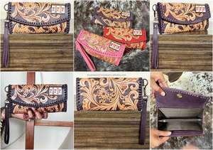 2026 New Hot Selling Floral Hand Tooled Leather Clutch for Women's Cowhide Fur Leather Card Holder Luxury Wristlet Wallet <b>Purses</b> - Product Image 3