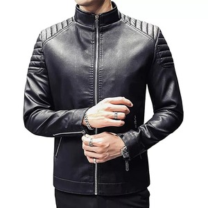 Men's <b>Black</b> PU Leather Moto <b>Jacket</b> Stand Collar Zipper Closure Slim Fit Regular Length Solid Color Autumn Wear - Product Image 4