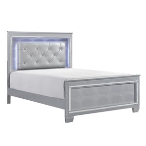Silver Finish Queen Size <b>Bed</b> with Upholstered Button Tufted <b>LED</b> Headboard Faux Alligator Embossed Wood Panels Wooden <b>Bed</b> - Product Image 4