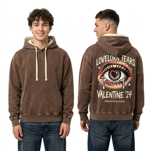 Sweat à capuche marron vintage délavé pour homme, coupe oversize décontractée, motif graphique Lovelorn Tears Crying Eye, streetwear, Saint-Valentin 24 - Product Image 1