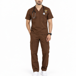 Ensemble de blouses médicales unisexe en molleton 100% coton marron, haut à col en V avec poche et pantalon cargo, uniformes d'hôpital avec logo personnalisé - Product Image 1