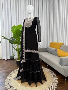 Traje Sharara Moderno Negro de Georgette Sintético, Conjunto de Salwar Kameez Bordado con Dupatta para Bodas, Graduaciones, Diwali y Fiestas para Mujer - Product Image 5