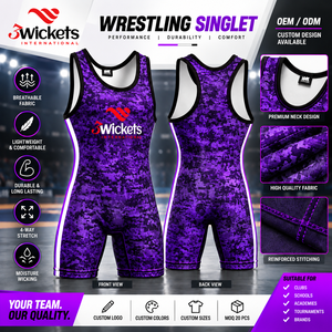 Combinaison de lutte personnalisée violette pour hommes et jeunes, uniforme de lutte d'équipe par sublimation, logo personnalisé, vente en gros, fabricant OEM - Product Image 4