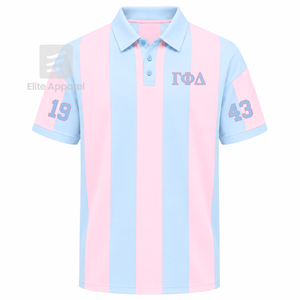 Polo rayé personnalisé Gamma Phi Delta Sorority avec logo brodé sur le devant, bleu ciel rose, décontracté, manches courtes pour femme - Product Image 1