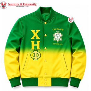 Chaqueta universitaria de satén ombré para mujer Chi Eta Phi con letras griegas bordadas, botones a presión y cuello y puños de punto acanalado, estilo Letterman - Product Image 4
