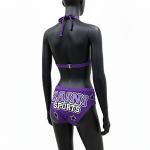 Conjunto de Bikini para Mujer, Tejido Texturizado Premium de Poliéster y Spandex, Color Morado, Estilo Halter, con Parche de Chenilla - Product Image 5