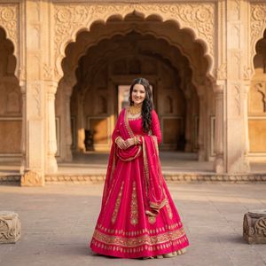 Women's <b>Red</b> Silk <b>Lehenga</b> Choli With Gold Embroidery Traditional Indian <b>Wedding</b> Dress Floor-Length Regular Fit - Product Image 1