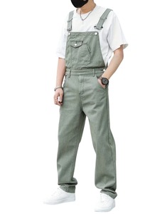 Salopette en jean vert pour homme, couleur unie, taille haute, coupe ample, style décontracté, pantalon en coton pour le printemps - Product Image 6