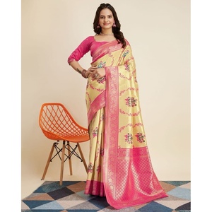 TENDANCE KANJIVARAM SOIE JACQUARD TRAVAIL SAREE AVEC BLOUSE NON COUSTÉE CHIKU - Product Image 1