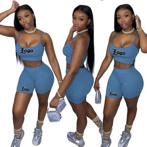 Custom Logo Women Sport Bra Biker <b>Shorts</b> Matching 2 Piece Set Solid Color Breathable Knitted Skinny Activewear Spring Summer - Product Image 2