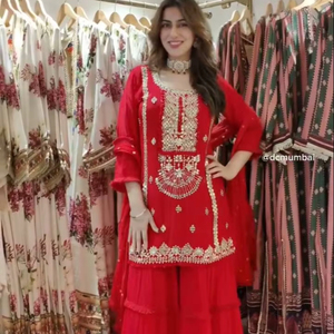 Traje Sharara Rojo de Chinnon Faux Georgette Pesado de Ramdev Trading con Bordado Plateado, Estilo Bollywood para Novias y Fiestas, Diseño de 3 Piezas - Product Image 2