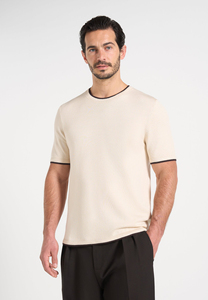 Camiseta de Manga Corta de Punto Crema para Hombre con Ribete en Contraste, Cuello Redondo, Corte Regular Informal, Color Sólido, Top de Algodón - Product Image 6