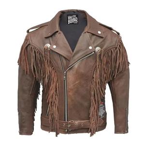 Veste en cuir marron à franges pour homme, manches longues, style western, toutes saisons - Product Image 2