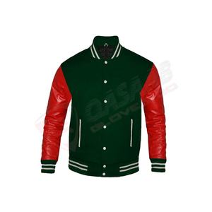 Green-Color Fashion Double-Pockets Patchwork Wool Red-Leather Sleeve High Quality Men Baseball Wear Custom Logo Baseball Jacket - Product Image 1