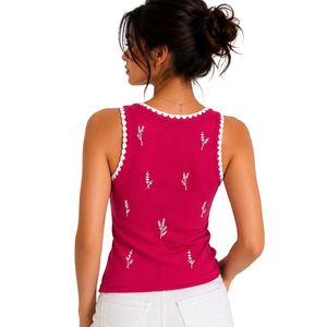 Camiseta sin mangas acanalada rosa cereza y blanca para mujer, bordada, informal, de verano, ajustada, de algodón elástico, personalizada, OEM. - Product Image 2