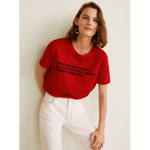 Women's <b>Red</b> Crew Neck T-Shirt With Letter Print Loose Fit Casual Short Sleeve 100% Cotton Jersey Fabric Spring Summer Wear - Product Image 1