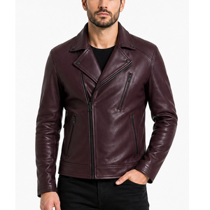 Premium Streetwear <b>Burgundy</b> Men's <b>Leather</b> <b>Jacket</b> Asymmetric Zip High Quality classic <b>jacket</b> - Product Image 1