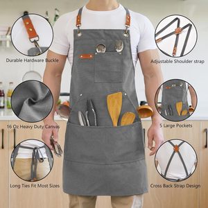 2026 Unisex <b>Canvas</b> Apron Gray Cross <b>Back</b> Straps With Pockets For Restaurant Bartender Waiter Staff Use Bar Uniform - Product Image 3
