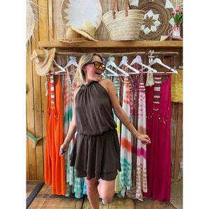 Vestido Mini de Gasa Boho Hecho a Mano de Alta Calidad con Cuello Halter, Color Sólido, Plisado, Holgado, Sin Mangas, Casual de Verano para Mujer - Product Image 2