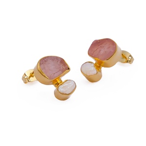 October Birthstone Rose Quartz with Pearl <b>Stud</b> <b>Earrings</b> Gold Plated Brass Channel <b>Set</b> Raw Trendy Women's Jewelry - Product Image 5