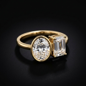 Anillo de Compromiso con Dos Piedras, Diamante de Corte Brillante Redondo con Engaste de Bisel, Diamante de Corte Esmeralda, Oro Amarillo, Joyería Certificada IGI - Product Image 5