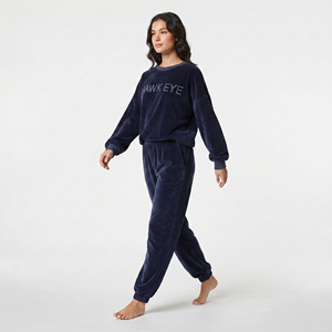 Ensemble de survêtement en velours bleu marine pour femme, sweat-shirt à col rond à manches longues, coupe ample, pantalon de jogging avec poches latérales, tenue décontractée - Product Image 6