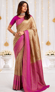 Sari en soie rose beige AARA Fashion avec bordure brodée, protection solaire, tenue de mariage indienne traditionnelle pour femmes, toutes saisons - Product Image 2