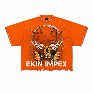 Camiseta Oversize Naranja Personalizada para Hombre con Estampado 3D de Calavera, Estilo Streetwear Hip Hop, con Tachuelas Metálicas, Remaches y Bajo Desgastado de Tejido Pesado - Product Image 1