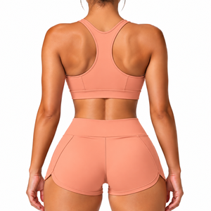 Women's 2 Piece Solid Soft Workout Set <b>Halter</b> Sports <b>Bra</b> High Waist Biker Shorts Custom Logo Low MOQ Yoga Fitness - Product Image 2