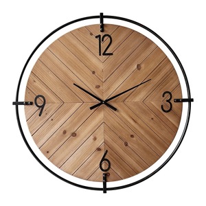 Rustic Wood Wall Clock <b>Round</b> Analog Quartz Design With Metal Frame For Living Room Decor - Product Image 4