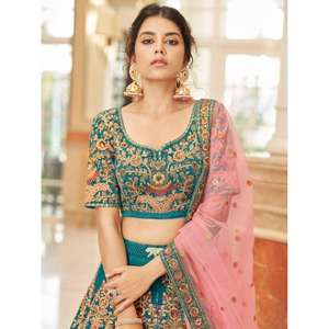 Magnifique vêtement de mariée en velours brodé bleu sarcelle Lehenga Choli - Product Image 3