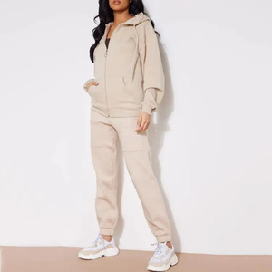 Ensemble de survêtement beige à capuche pour femme, 2 pièces, sweat-shirt à manches longues, pantalon de jogging, couleur unie, 100% coton, respirant, streetwear, hiver - Product Image 3