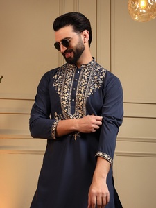 <b>Men</b> Navy Blue Embroidered <b>Kurta</b> With White Pajama Regular Fit Traditional Indian Pakistani Knee-Length Casual Wear - Product Image 5