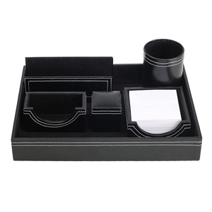 6 in 1 Desktop <b>Set</b> Black Faux Leather <b>Desk</b> Organizer A4 Paper Tray, Pen Pencil Stand, Mobile Holder Remote Stand Memo Holder - Product Image 5
