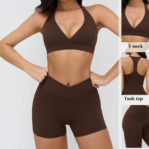 Brown Yoga Set V-Neck Racerback Crop Top High Waist <b>Flared</b> <b>Leggings</b> Seamless Breathable Activewear for Women - Product Image 3