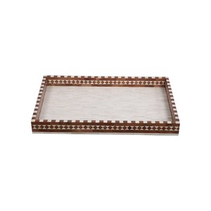 Bandeja Decorativa Ecológica Hecha a Mano Estilo Árabe con Borde de Nácar y Ratán, Incrustaciones de Concha, Material Natural, 12 Pulgadas - Product Image 5