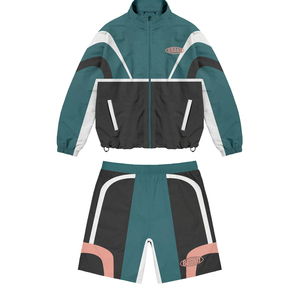 320 GSM Premium Polyester Cotton Color Block Panel Tracksuit Set Custom Embroidered Logo Windbreaker Shorts for Men - Product Image 2